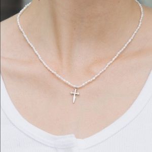 silver and white bead choker necklace